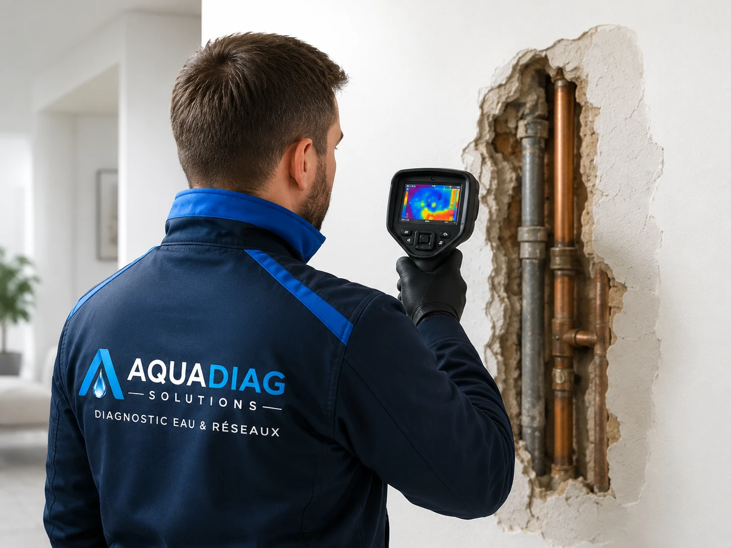 Technicien Aquadiag Solutions utilisant une caméra thermique lors d’une recherche de fuite